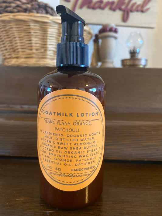 Organic goatmilk lotion with ylang ylang, orange & patchouli essential oil.