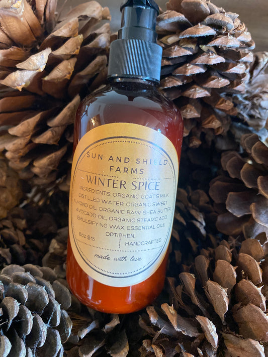 Winter Spice Organic goatmilk lotion with essential oils. 8oz bottle