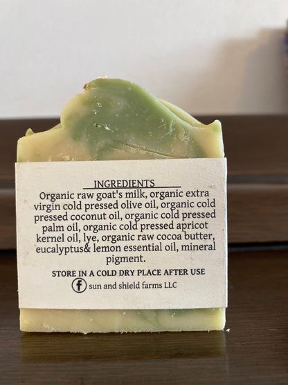 Organic goatmilk soap with eucalyptus & lemon essential oil.