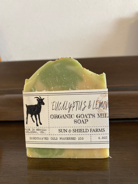 Organic goatmilk soap with eucalyptus & lemon essential oil.