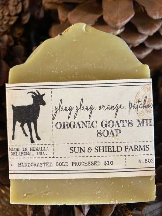 Organic goat milk soap with ylang ylang, orange & patchouli essential oil.